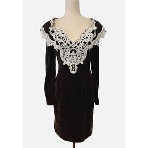 Vtg SCOTT McCLINTOCK Brown Velvet Dress Size 8 Gown Off-Shoulder Lace Applique